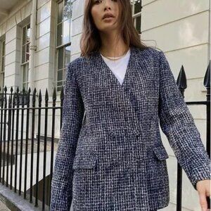 Aritzia Babaton Kilburn Blazer Jacket In Navy Tweed | Size 0